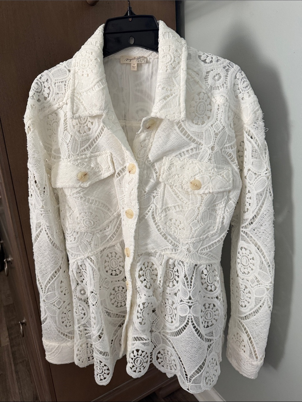 Strada White Crochet Lace Button-Front Jacket